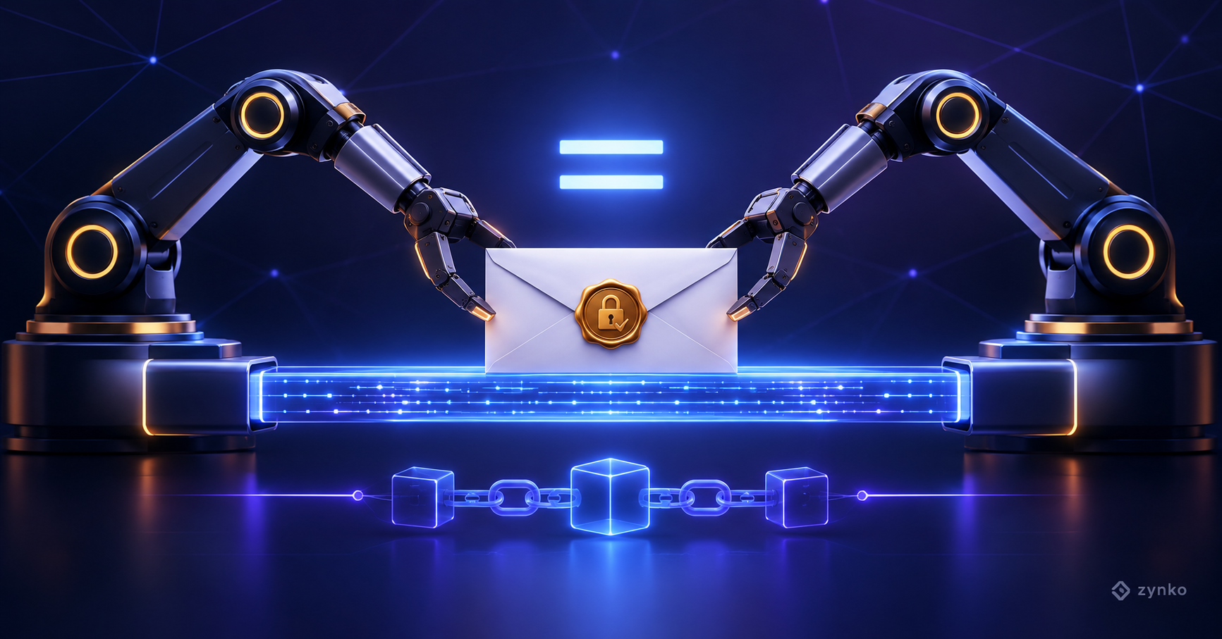Sealed Agent Bus — two independent arms, one sealed, notarized message on a hash-chained data rail.