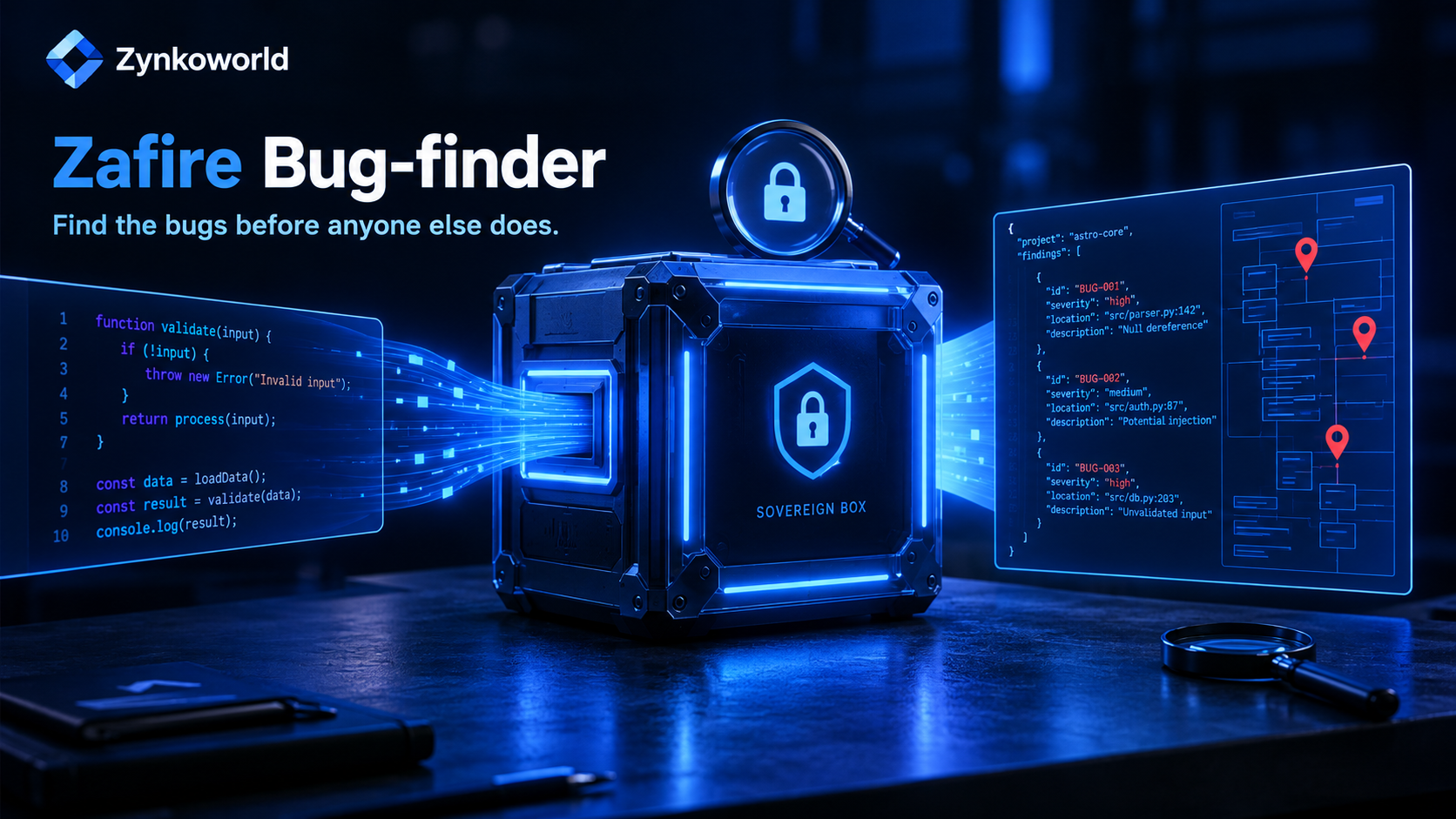 Zafire Bug-finder — a sealed box scans your project read-only and hands back findings as structured JSON.
