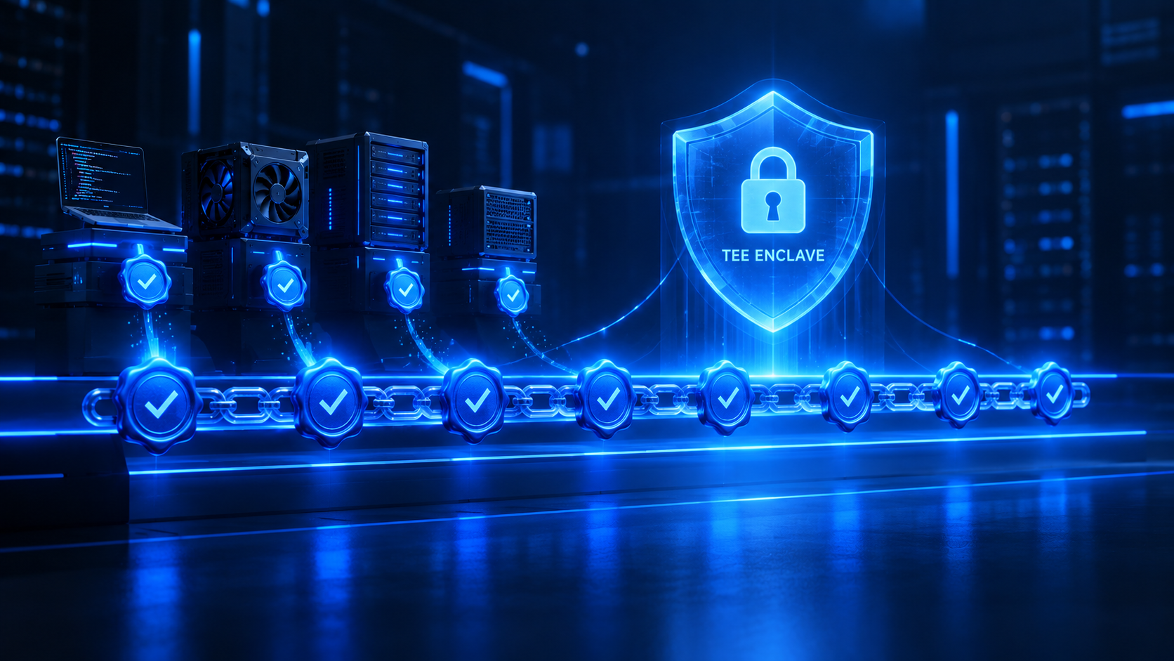 Verified Proof Layer — many machines, each event sealed onto one hash-chained, signed, attested audit rail.