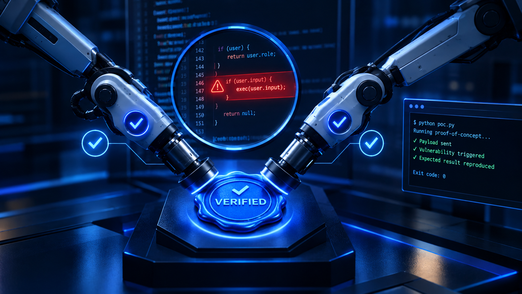 Verified Vulnerability Detector — a finding sealed with two independent arms and a reproducible proof-of-concept.