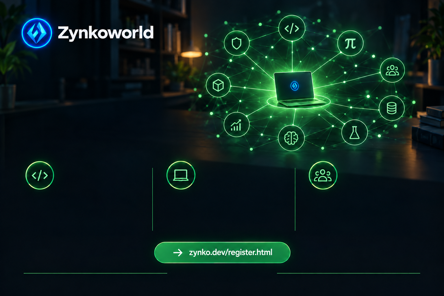 A laptop at the centre of a glowing green web of subjects: code, security, math, data, science.