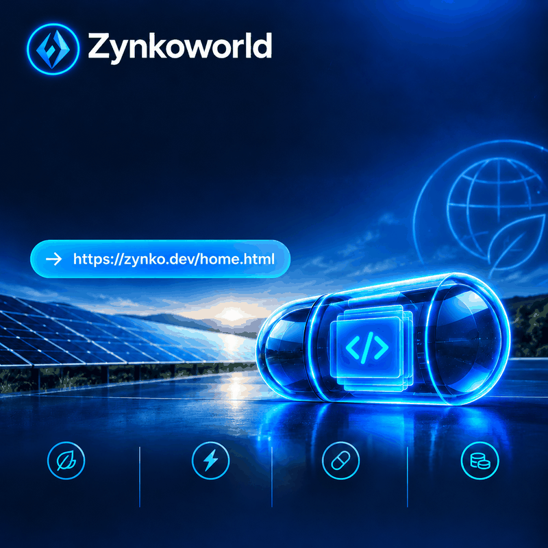 Solar panels at sunrise and a glowing capsule holding code.