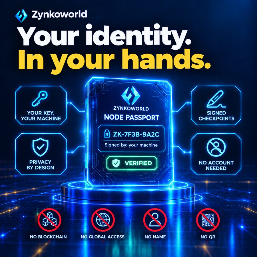 A glowing machine passport card: your key, your machine; no account needed