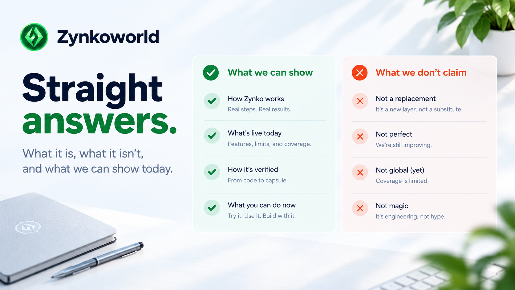 Straight answers - what it is, what it isn't, and what we can show today.