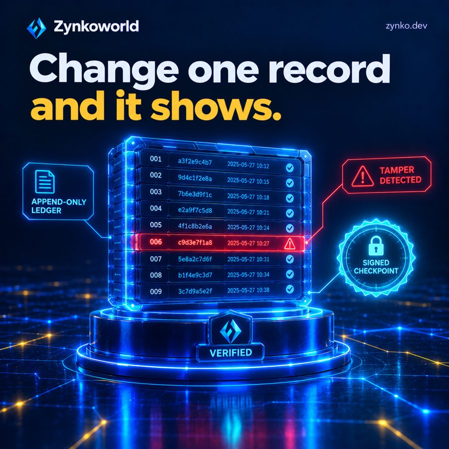 An append-only ledger: change one record and the chain breaks at that line