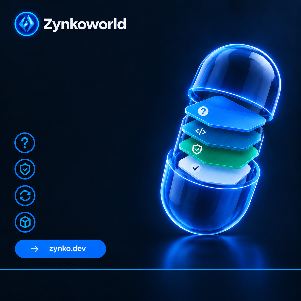 A glowing capsule opened into four layers: question, calculation, evidence, answer.